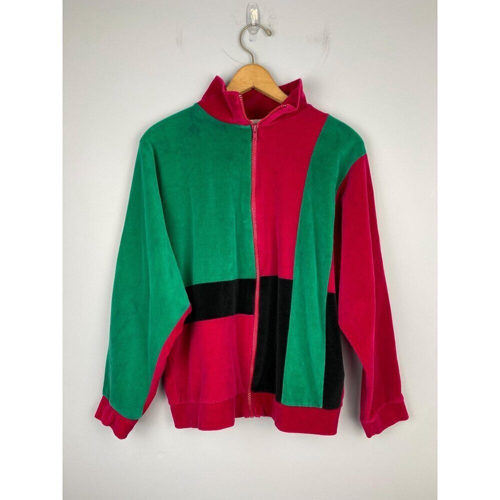 Vintage SK Collectibles 1980s Velour Full Zip Colorblock Track Jacket, Size Med